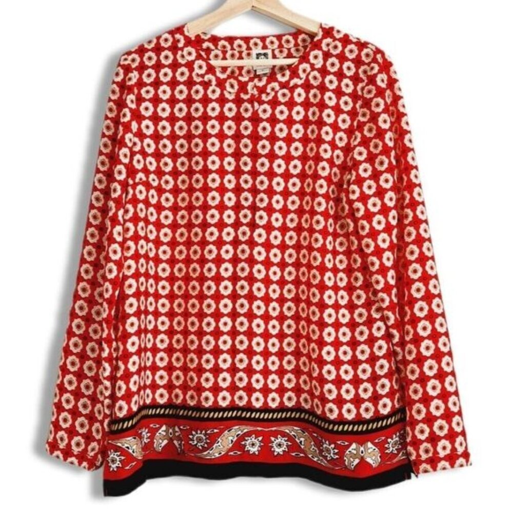 ANNE KLEIN Colorful Boho Floral Border Print Blouse Sz M Flawed